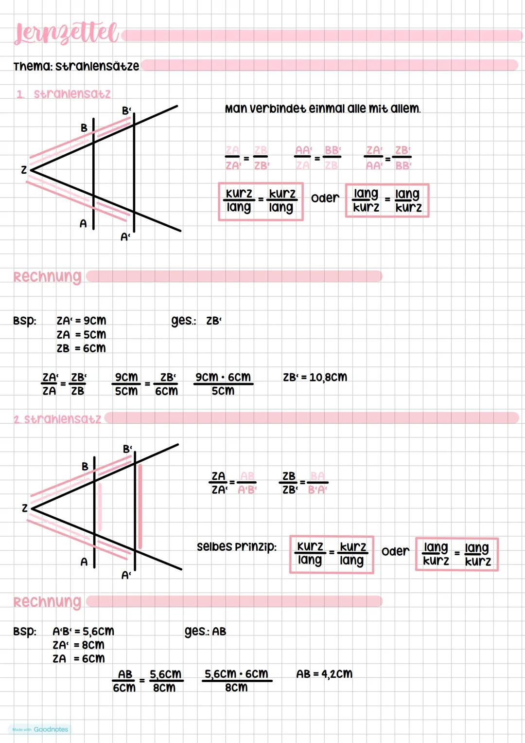 Jernzettel
Thema: strahlensätze
1 strahlensatz
Z
B
Man verbindet einmal alle mit allem.
B
$
\frac{ZA}{ZA'} = \frac{ZB}{ZB'}
$
$
\fra