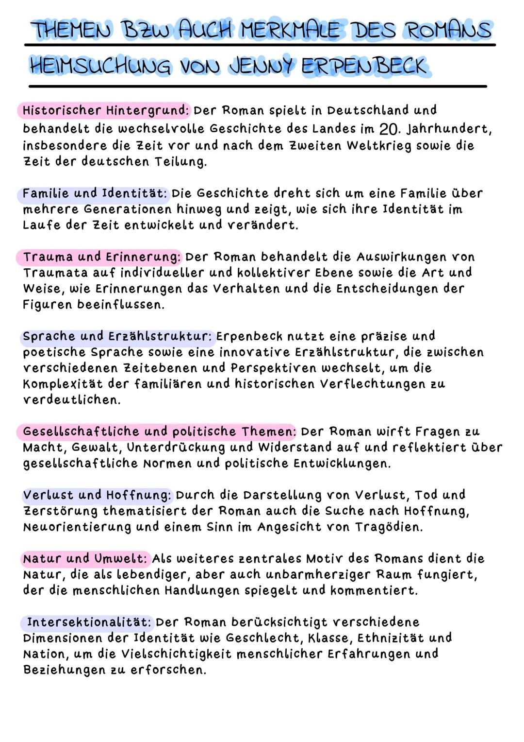 THEMEN BZW AUCH MERKMALE DES ROMANS
HEIMSUCHUNG VON JENNY ERPENBECK
Historischer Hintergrund: Der Roman spielt in Deutschland und
behandelt