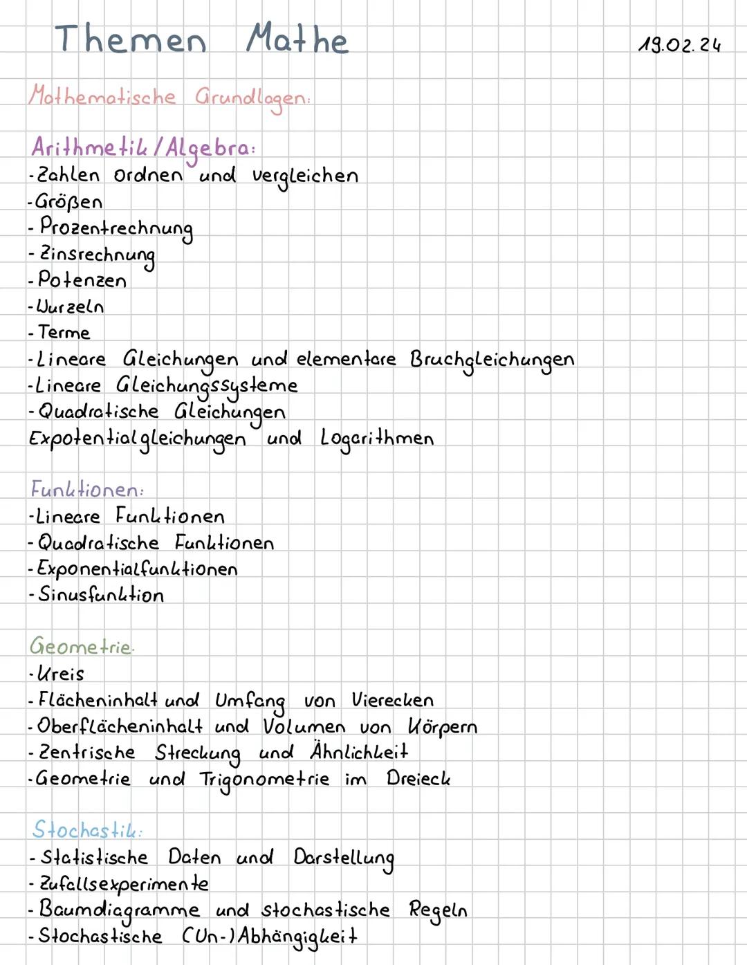 Themen Mathe
ZP 2024 Themen Mathe
Mathematische Grundlagen:
Arithmetik/Algebra:
-Zahlen Ordnen und vergleichen
-Größen
-
Prozentrechnung
- Z