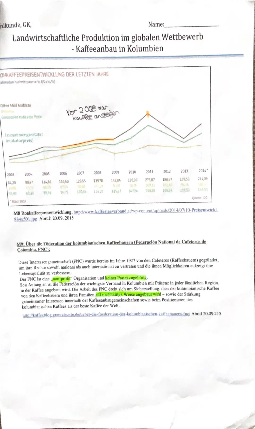 Erdkunde, GK,
Name:_
Landwirtschaftliche Produktion im globalen Wettbewerb
-
Kaffeeanbau in Kolumbien
Kaffee ist nach Erdöl der weltweit wic