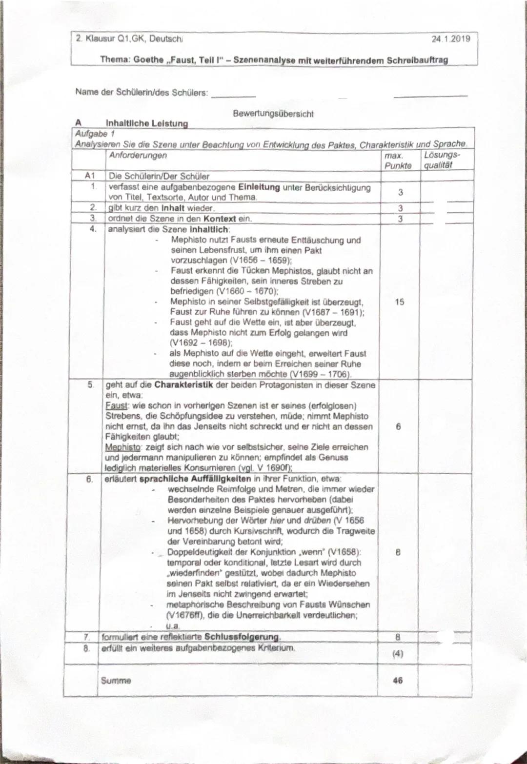 2. Klausur Q1, GK, Deutsch/
15.01.2019
Thema: Analyse eines literarischen Textes (Szenenanalyse) mit weiterführendem
Schreibauftrag
Arbeitsa