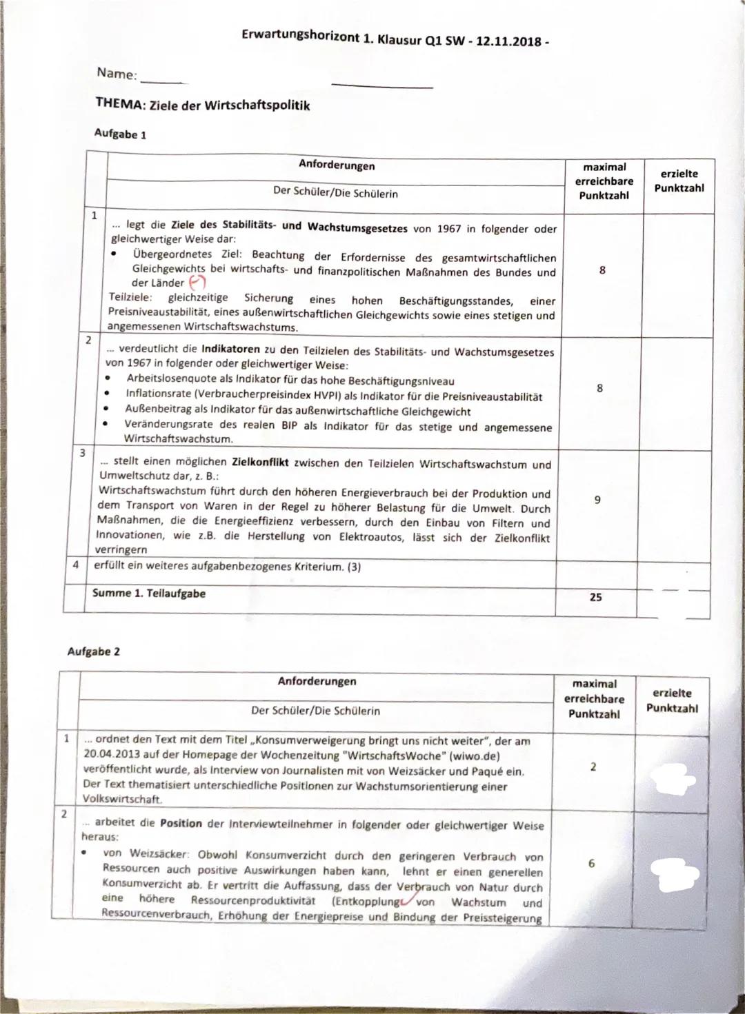 1. Klausur
Q1 Sozialwissenschaften
12.11.2018
Name: ______________
THEMA: Ziele der Wirtschaftspolitik
1. Aufgabe
Stellen Sie die Ziele u