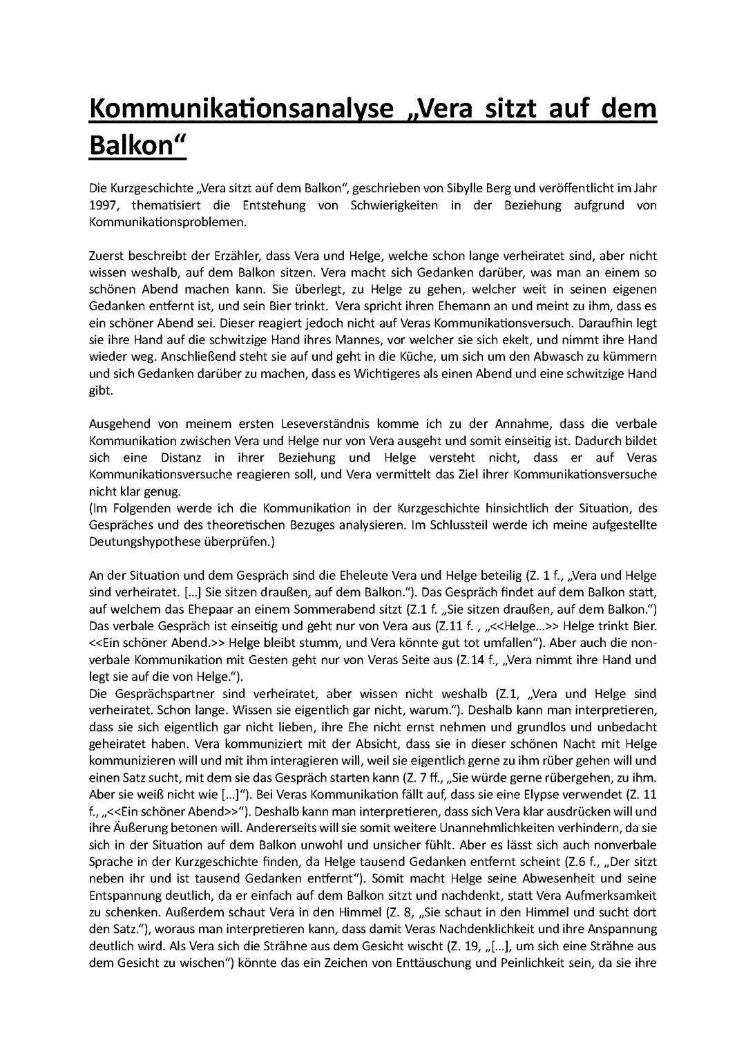 Kommunikationsanalyse „Vera sitzt auf dem Balkon“