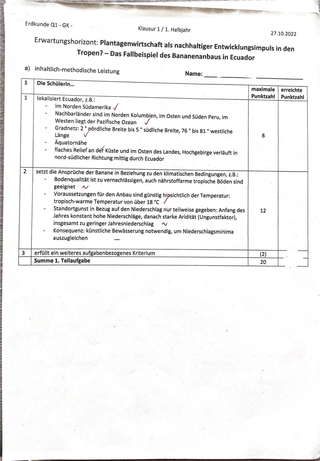 Name:
Thema: Plantagenwirtschaft als nachhaltiger Entwicklungsimpuls
in den Tropen? -
Aufgabe 1
Das Fallbeispiel des Bananenanbaus in Ecuado