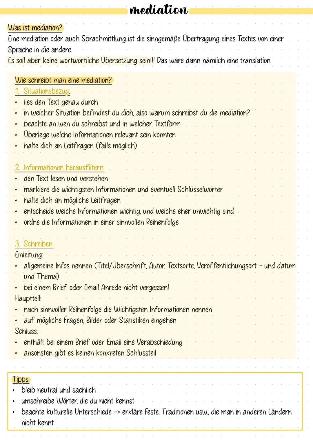 # mediation
Was ist mediation?
Eine mediation oder auch Sprachmittlung ist die sinngemäße Übertragung eines Textes von einer
Sprache in di