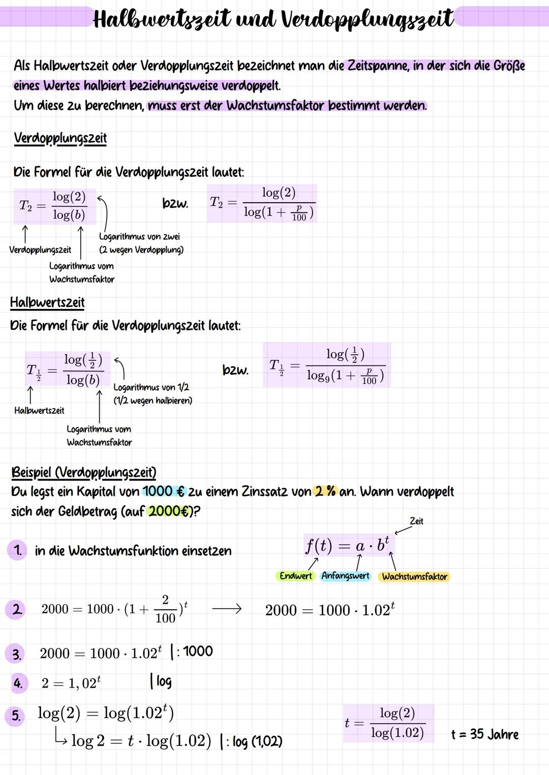 Exponentialfunktionen - Halbwertszeit und Verdopplungszeit