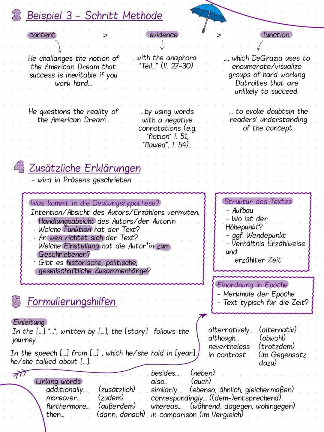 How to Write an analysis
aNALYSIS
3 - Schritt Methode
Inhalt > Beleg (sprachl. Mittel/Strategie, Wortlaut, Zeile) > Funktion
Wo steht das zu