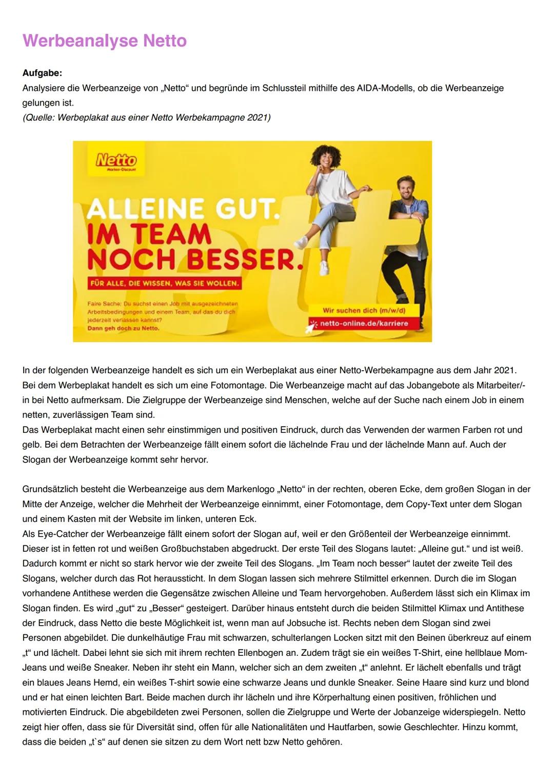 Werbeanalyse Netto
Aufgabe:
Analysiere die Werbeanzeige von „Netto" und begründe im Schlussteil mithilfe des AIDA-Modells, ob die Werbeanzei