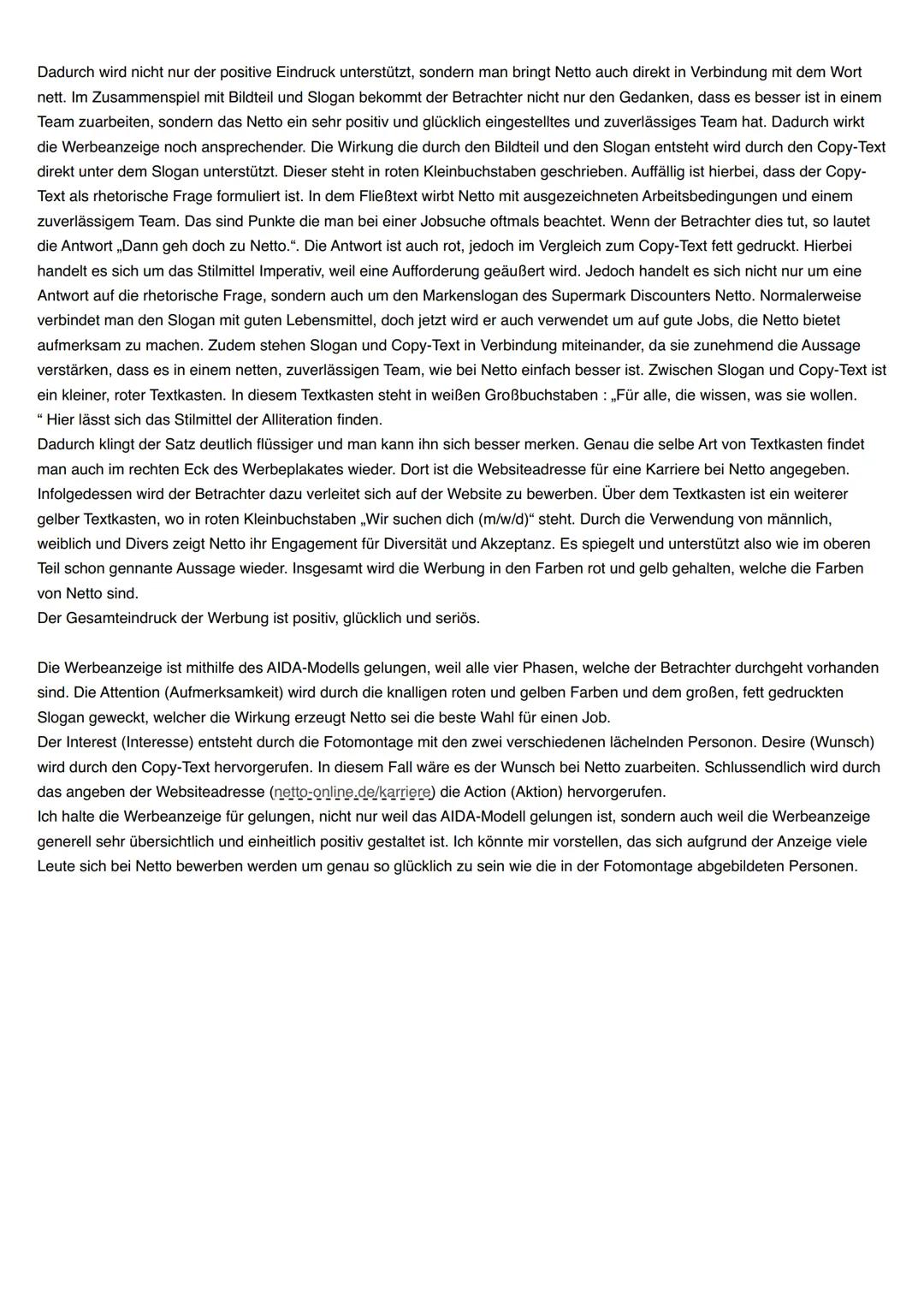 Werbeanalyse Netto
Aufgabe:
Analysiere die Werbeanzeige von „Netto" und begründe im Schlussteil mithilfe des AIDA-Modells, ob die Werbeanzei