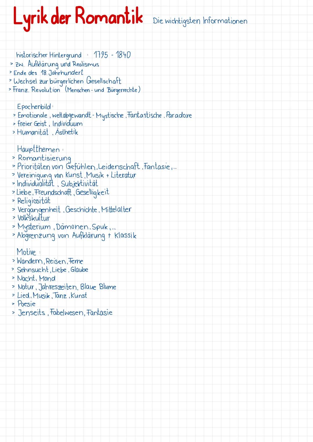 Lyrik der Romantik
Die wichtigsten Informationen
historischer Hintergrund
1795-1840
> zw. Aufklärung und Realismus
>Ende des 18. Jahrhundert