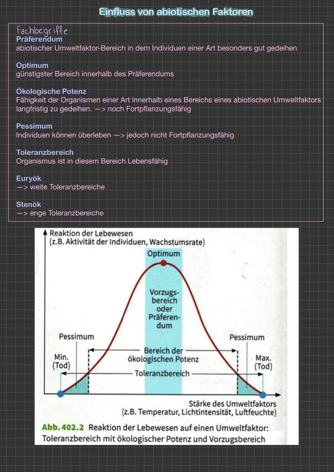 Einfluss von abiotischen Faktoren
Fachbegriffe:
Präferendum
abiotischer Umweltfaktor-Bereich in dem Individuen einer Art besonders gut gedei