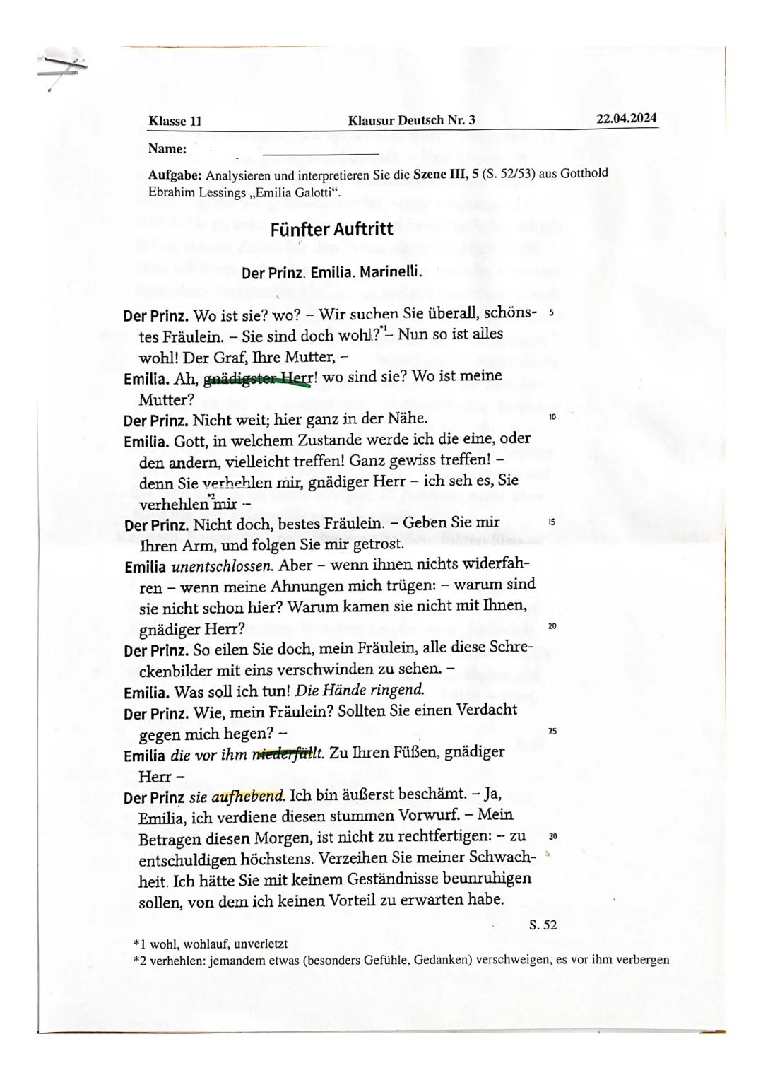 Deutschklausur Klasse 11; Emilia Galotti Dramenszenenanalyse Szene 3 Aufzug 5