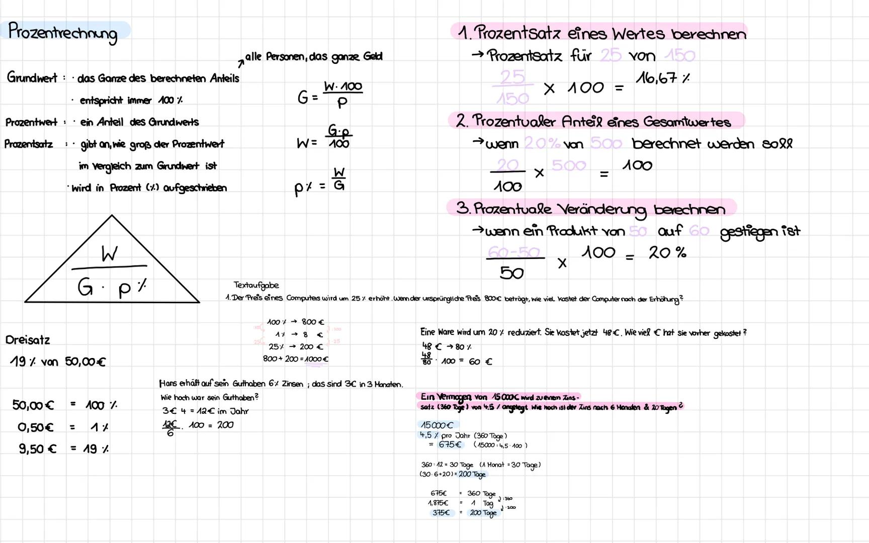 Prozentrechnung
Grundwert das Ganze des berechneten Anteils
entspricht immer 100%
Prozentwert: • ein Anteil des Grundwerts
Prozentsatz
. :
g