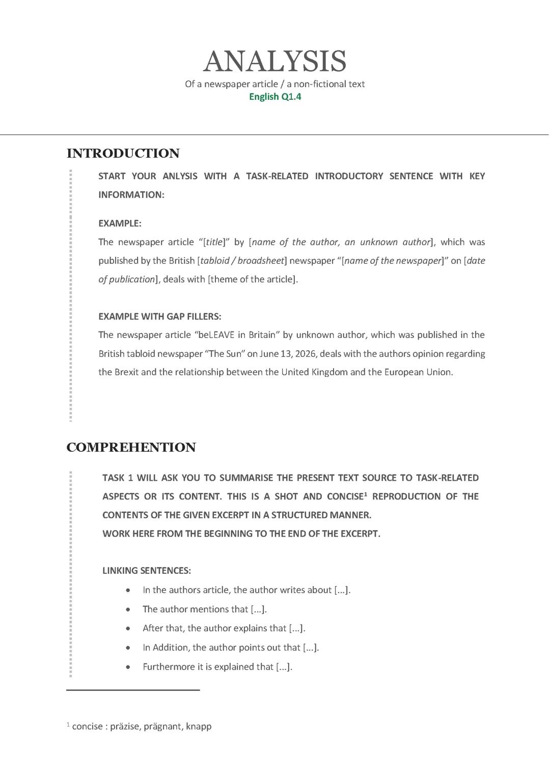 Analysis of a newspaper article / a non-fictional text