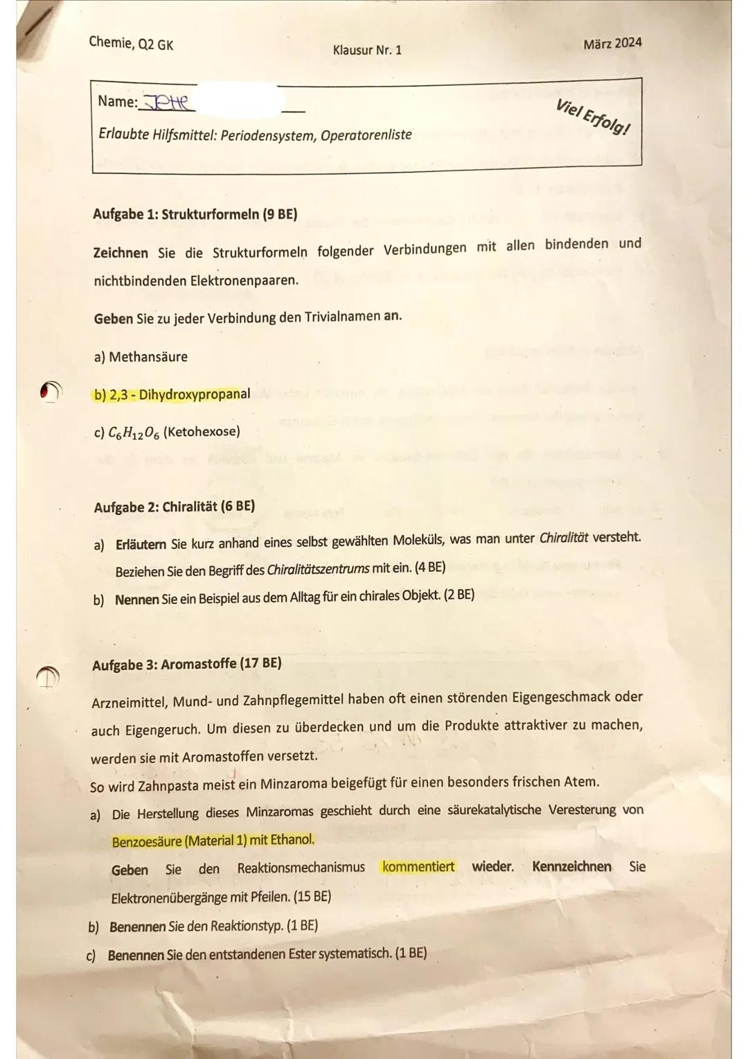 Chemie Klausur GK 14 NP organische Chemie