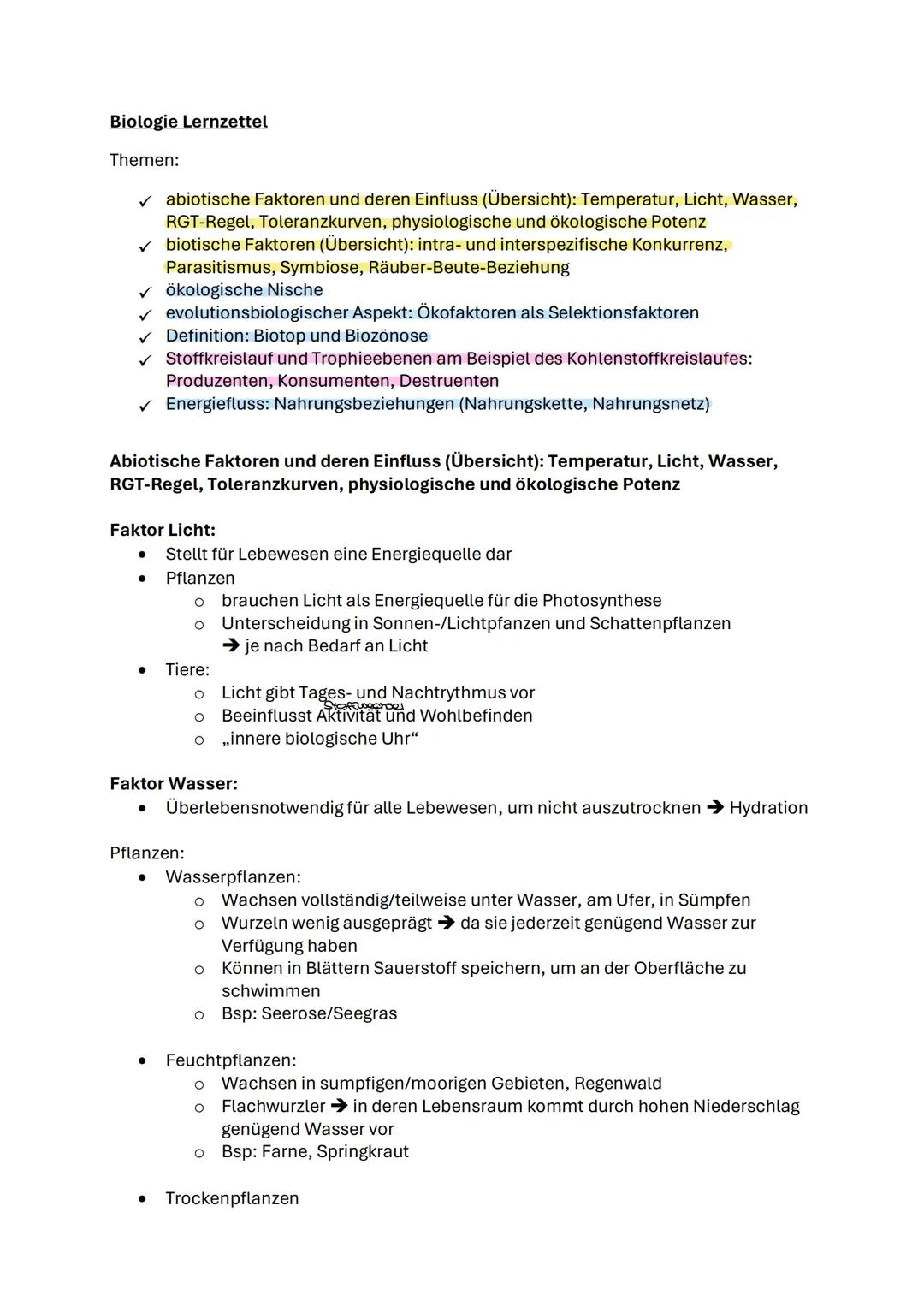 Abitur Zusammenfassung Q2.1 Ökologie - abiotische und biotische Faktoren, Kohlenstoffkreislauf