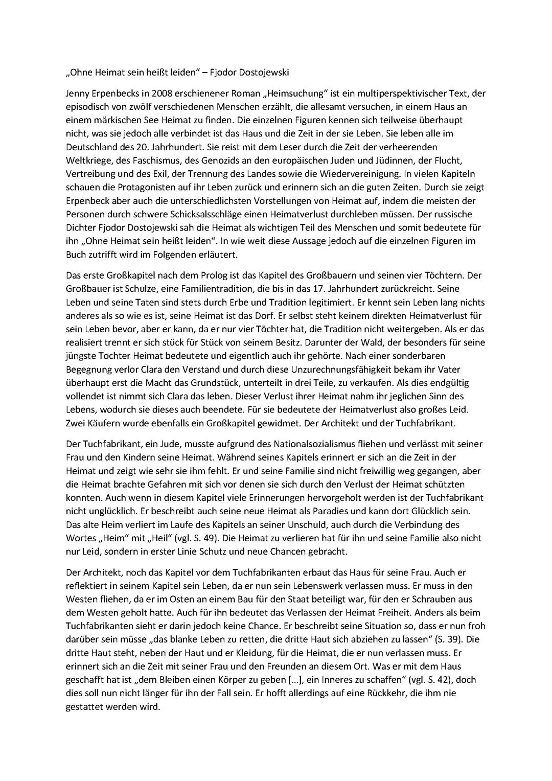 Literarische Erörterung zu Heimsuchung von Jenny Erpenbeck - „Ohne Heimat sein heißt leiden“