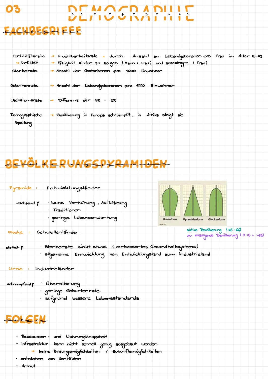 03
# DEMOGRAPHIE
## FACHBEGRIFFE
- Fertilitäterate $\rightarrow$ Fruchtbarkeitsrate = durch. Anzahl an Lebendgeborenen pro Frau im Alter 15-