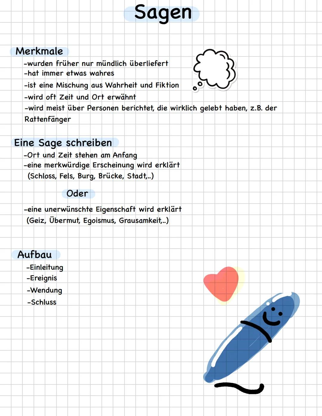 # Sagen
Merkmale
-wurden früher nur mündlich überliefert
-hat immer etwas wahres
-ist eine Mischung aus Wahrheit und Fiktion
-wird oft Zeit