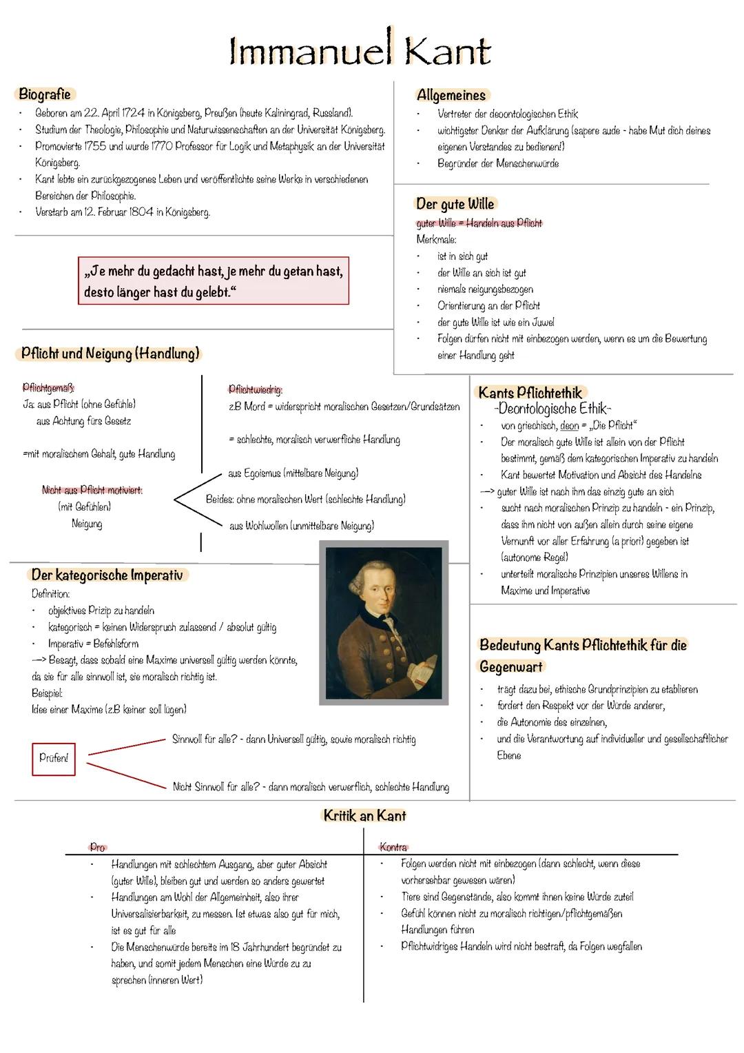 Steckbrief zu Immanuel Kant, Ethik Klasse 11 (14 Notenpunkte)
