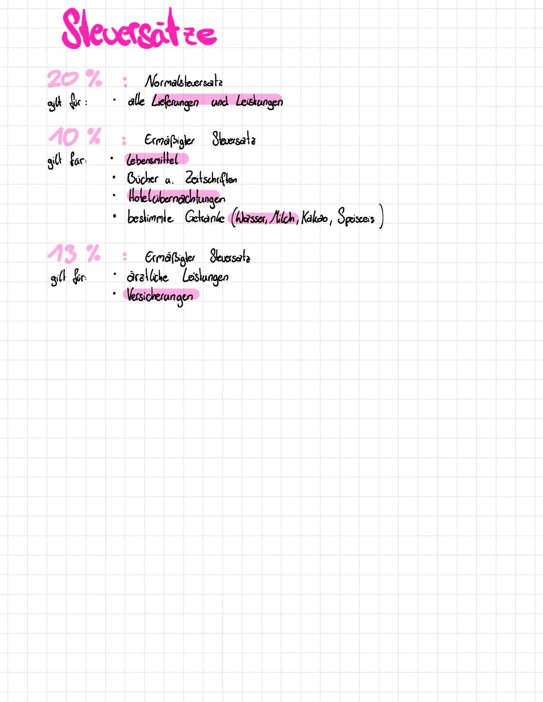 Umsatzsteuer
wird bei jedem Kauf berechnet
muss an das finazamt gezahlt werden
verschiedene Steuersätze
Normalstever (207) Ermäßigter Steuer