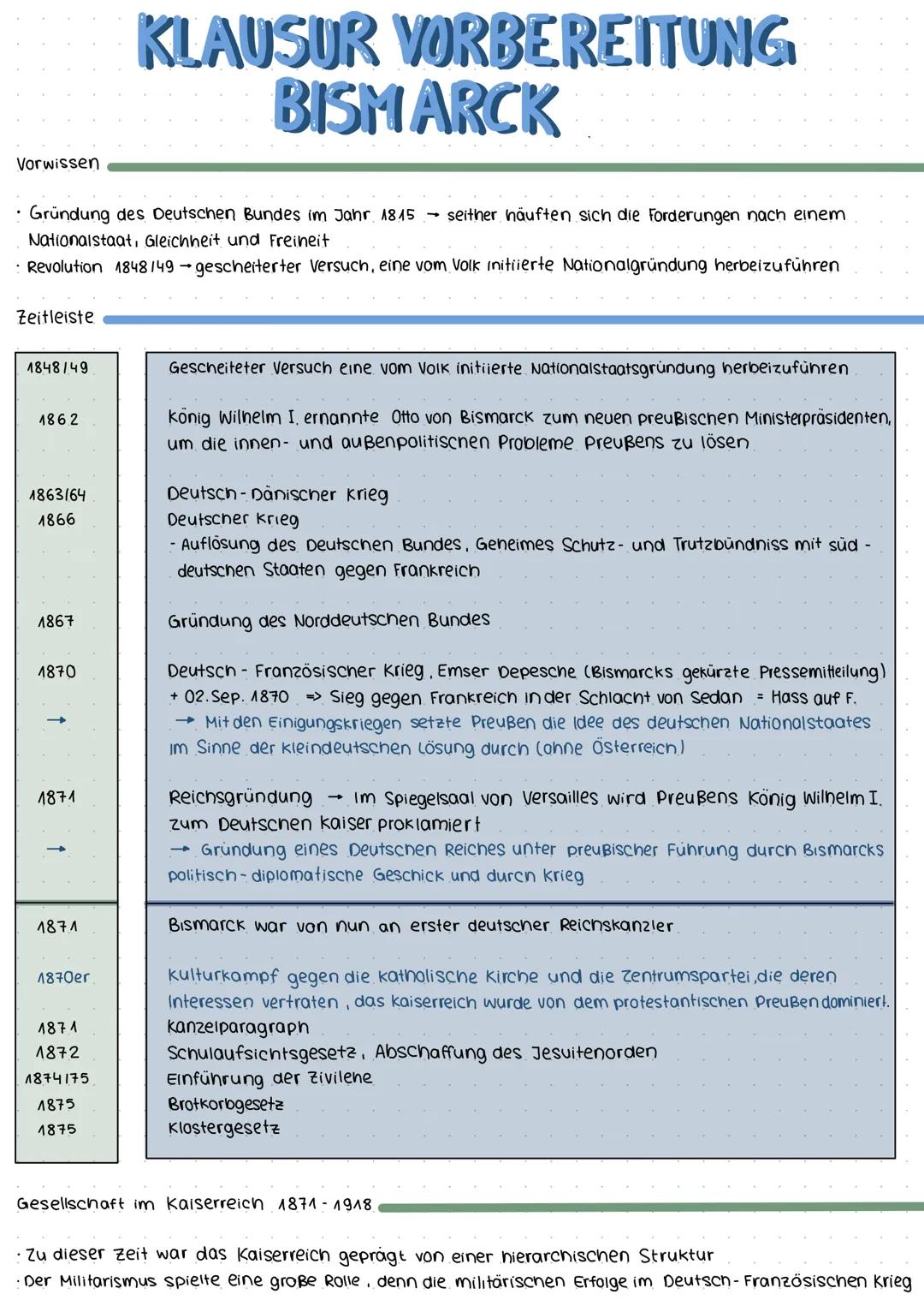 Vorwissen
KLAUSUR VORBEREITUNG
BISMARCK
• Gründung des Deutschen Bundes im Jahr 18.15 - seither häuften sich die Forderungen nach einem
Nati