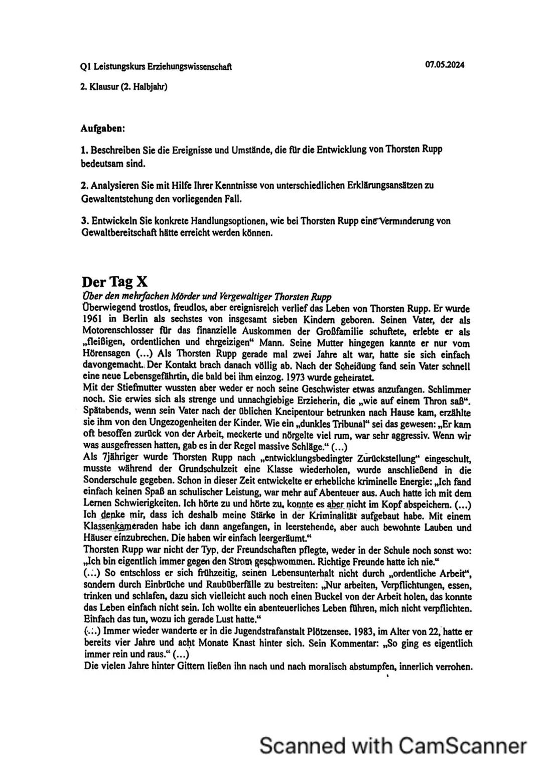 Q1 Leistungskurs Erziehungswissenschaft
2. Klausur (2. Halbjahr)
07.05.2024
Aufgaben:
1. Beschreiben Sie die Ereignisse und Umstände, die fü