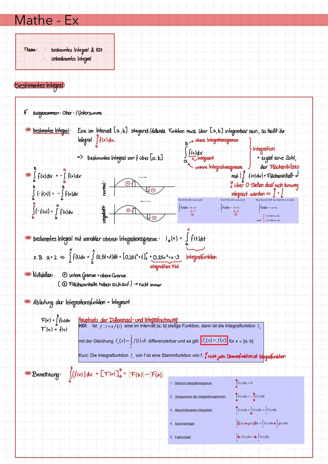 Mathe - Ex
Thema:
* bestimmtes Integral & HDI
* Unbestimmtes Integral
bestimmtes Integral
F ausgenommen: Ober-/Untersumme
* bestim