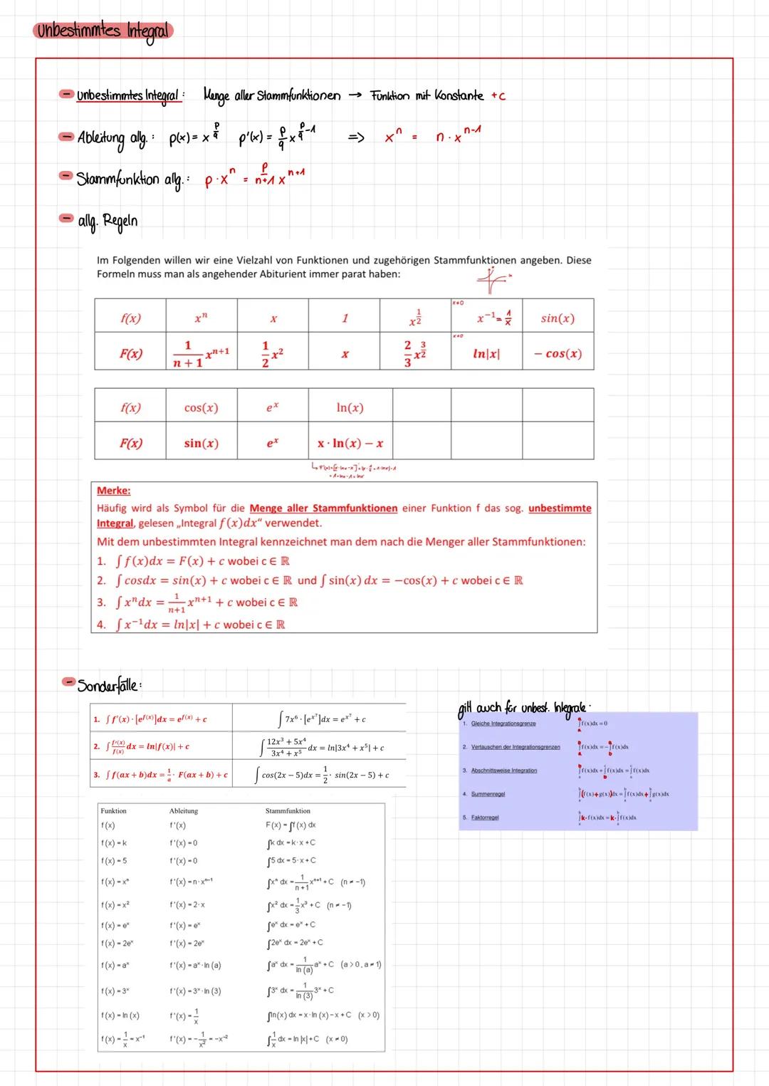 Mathe - Ex
Thema:
* bestimmtes Integral & HDI
* Unbestimmtes Integral
bestimmtes Integral
F ausgenommen: Ober-/Untersumme
* bestim