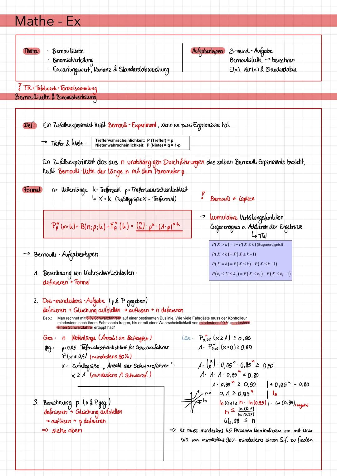Mathe - Ex
Thema
- Bernoullikette
- Binomialverteilung
- Erwartungswert, Varianz & Standardobweichung
Aufgabentypen 3-mind. - Aufgabe
Bern