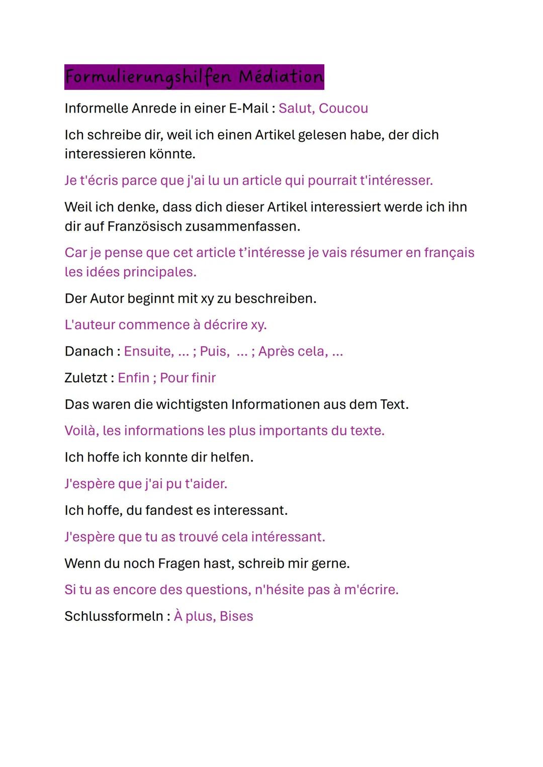 Formulierungshilfen Médiation
Informelle Anrede in einer E-Mail: Salut, Coucou
Ich schreibe dir, weil ich einen Artikel gelesen habe, der di