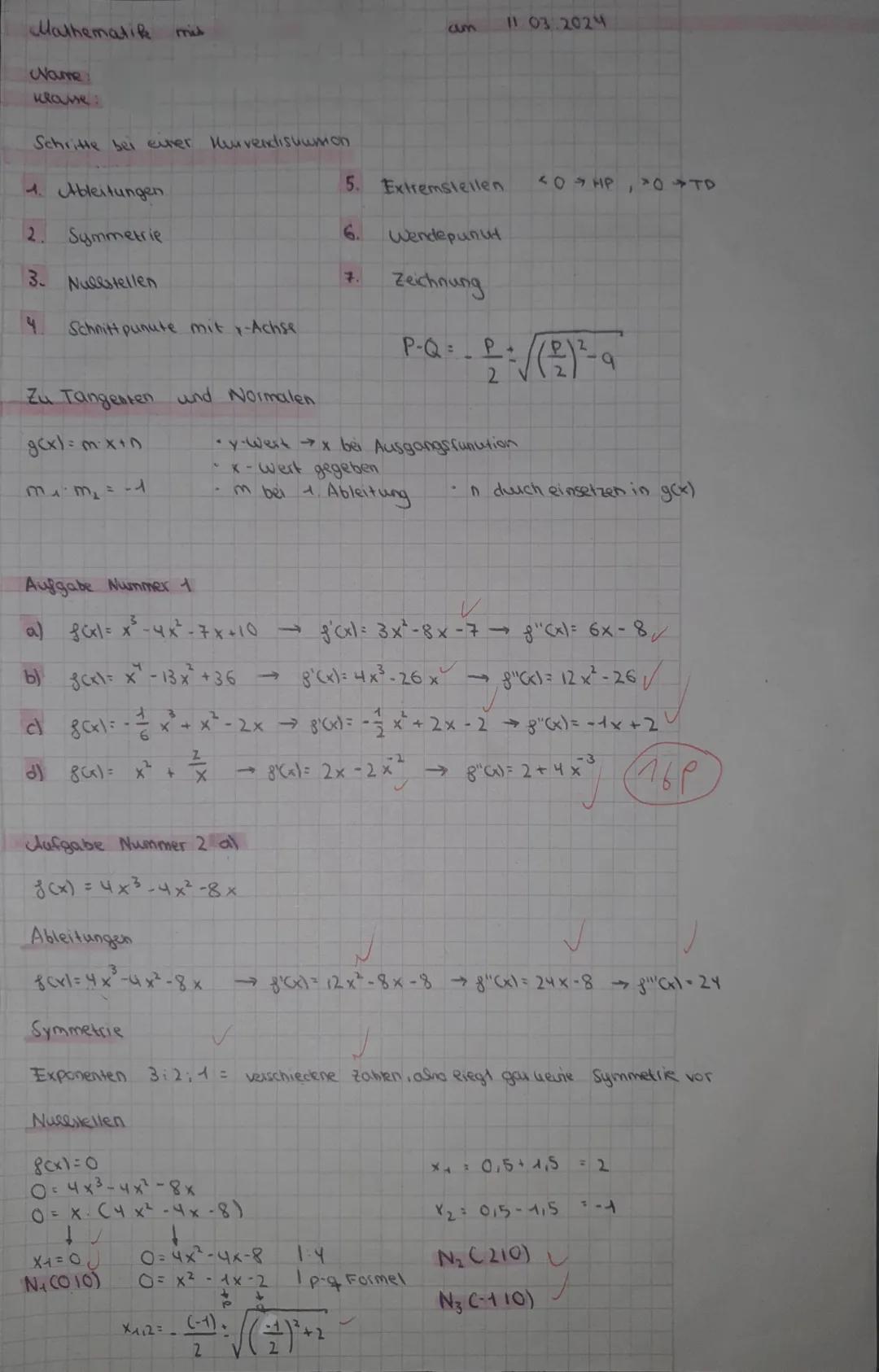 Klausur Nr. 3
1. Aufgabe (16 Punkte):
Bestimme jeweils die erste und zweite Ableitung der folgenden Funktionen:
a) f(x) = x²-4x²-7x+10
b) f