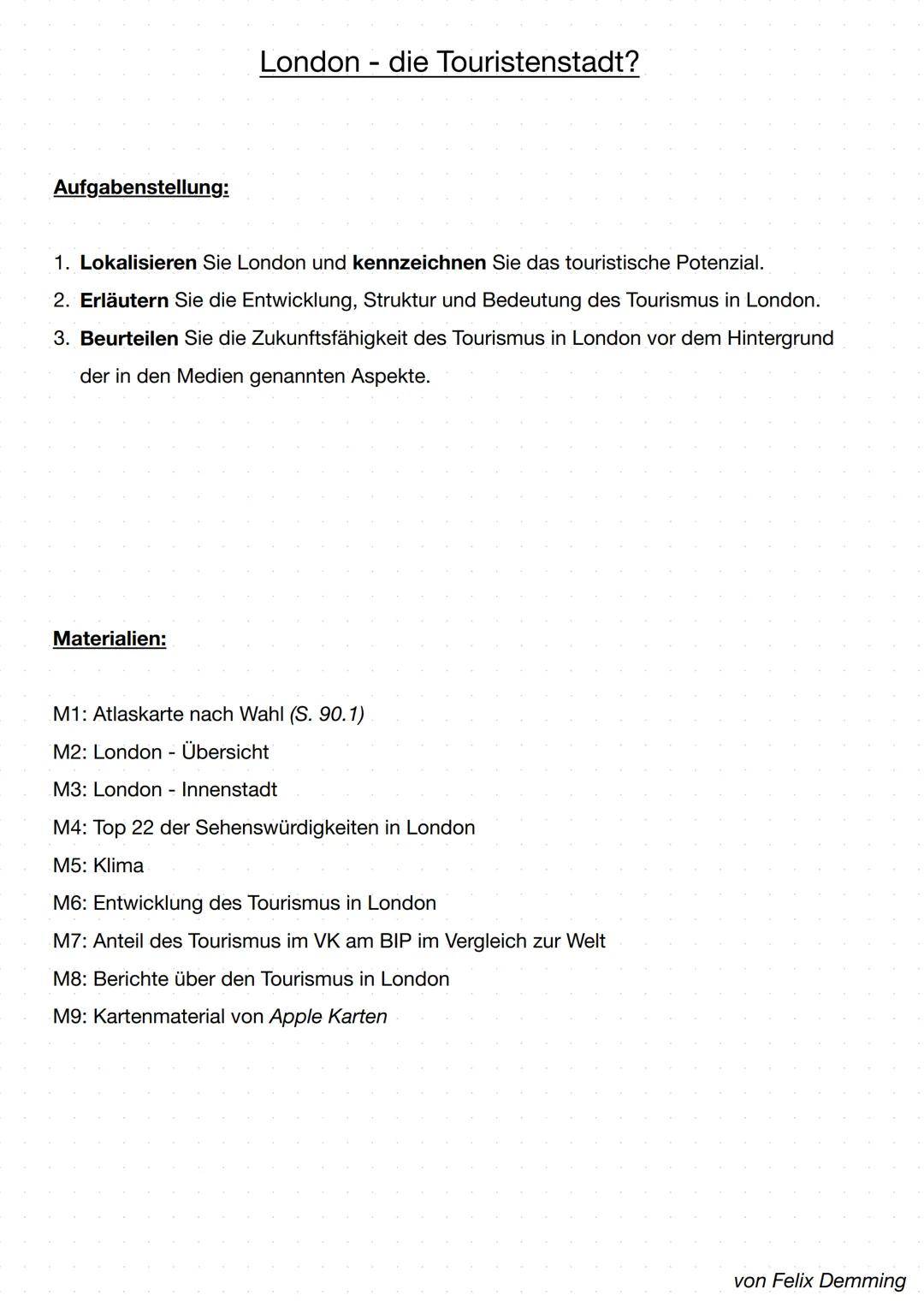 Tourismus am Beispiel London: Probeklausur mit Ausarbeitung