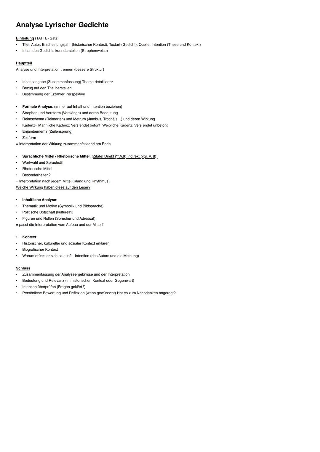 Analyse Lyrischer Gedichte
Einleitung (TATTE- Satz)
Titel, Autor, Erscheinungsjahr (historischer Kontext), Textart (Gedicht), Quelle, Intent