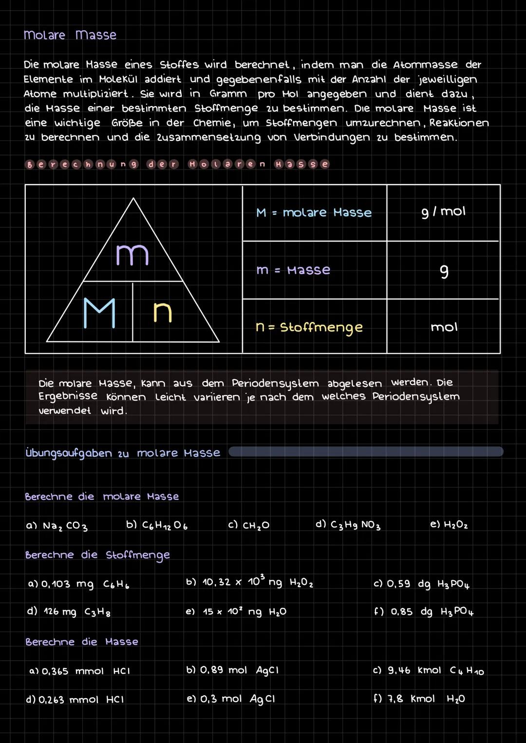 # Molare Masse
Die molare Masse eines Stoffes wird berechnet, indem man die Atommasse der
Elemente im Molekül addiert und gegebenenfalls mi