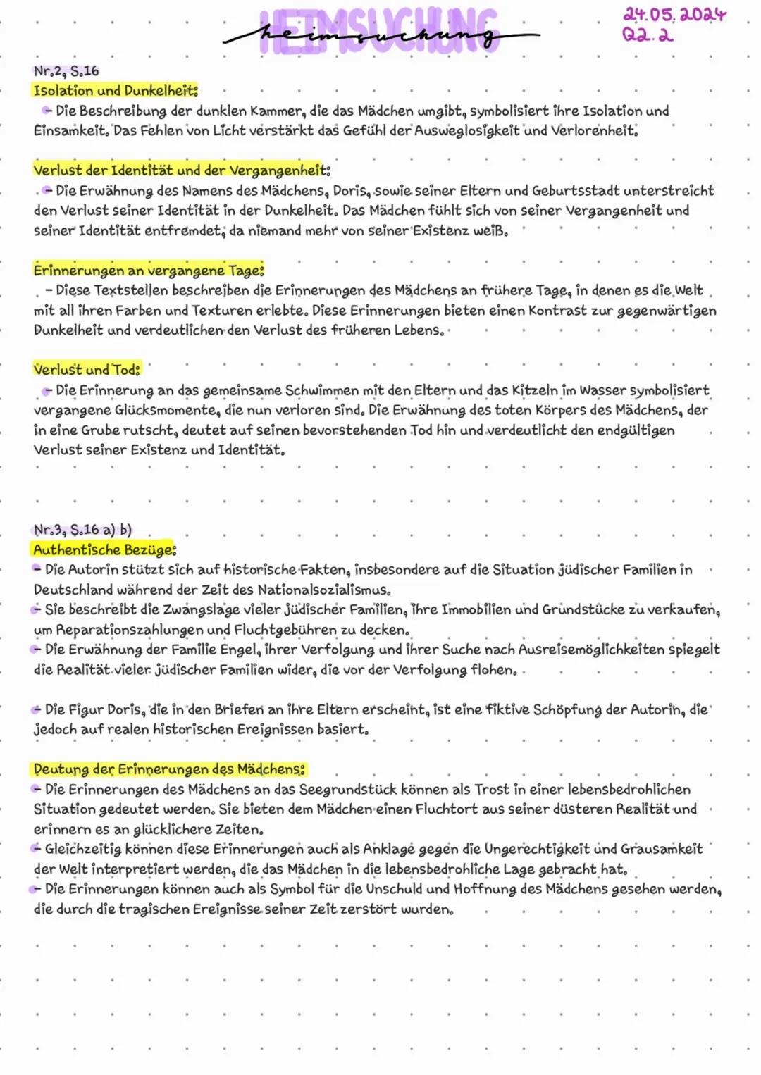 Nr.2, S.16
heimsuchung
24.05.2024
Q2.2
Isolation und Dunkelheit:
- Die Beschreibung der dunklen Kammer, die das Mädchen umgibt, symbolisiert