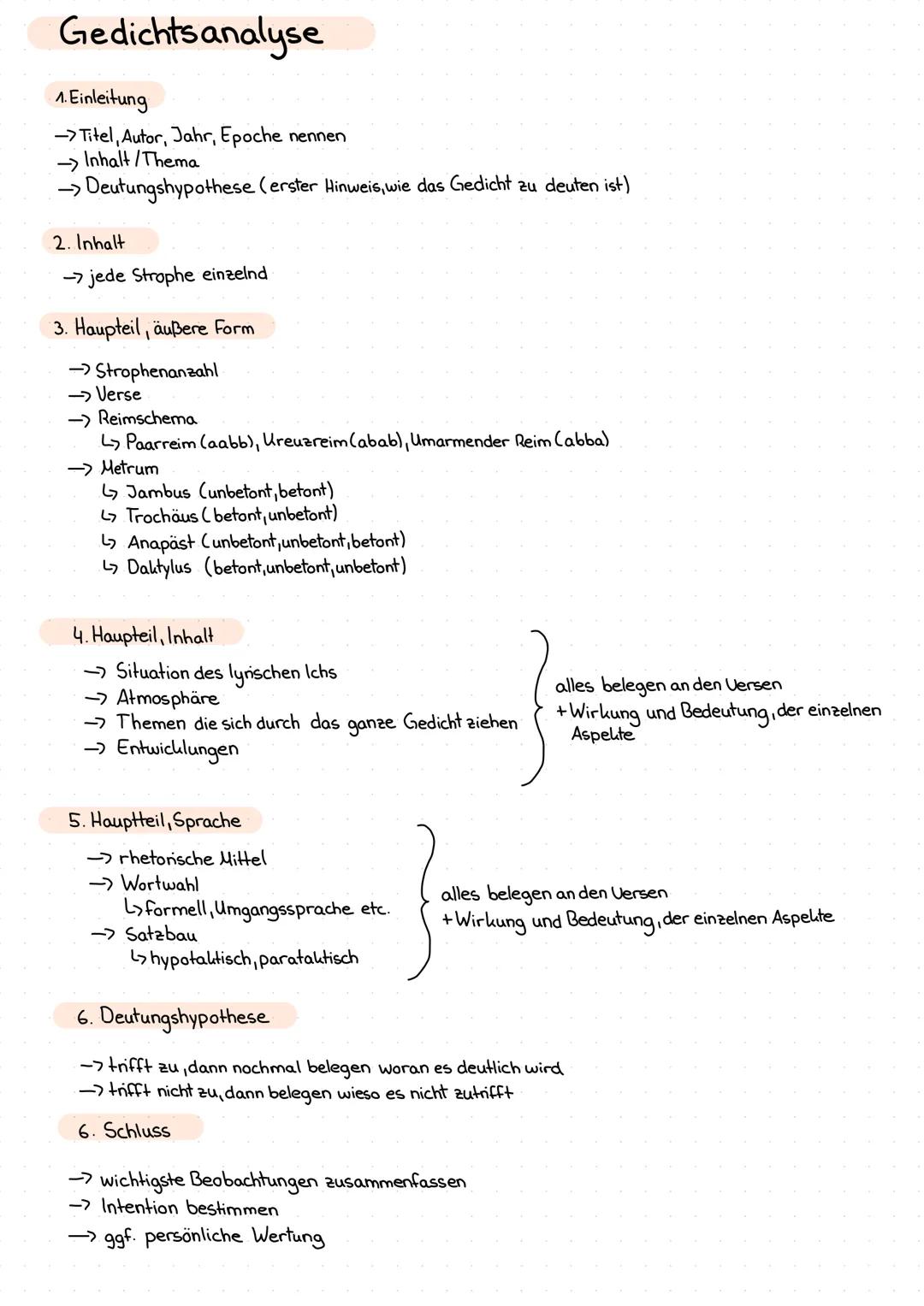 # Gedichtsanalyse
1. Einleitung
→Titel, Autor, Jahr, Epoche nennen
→ Inhalt/Thema
→ Deutungshypothese (erster Hinweis, wie das Gedicht zu d