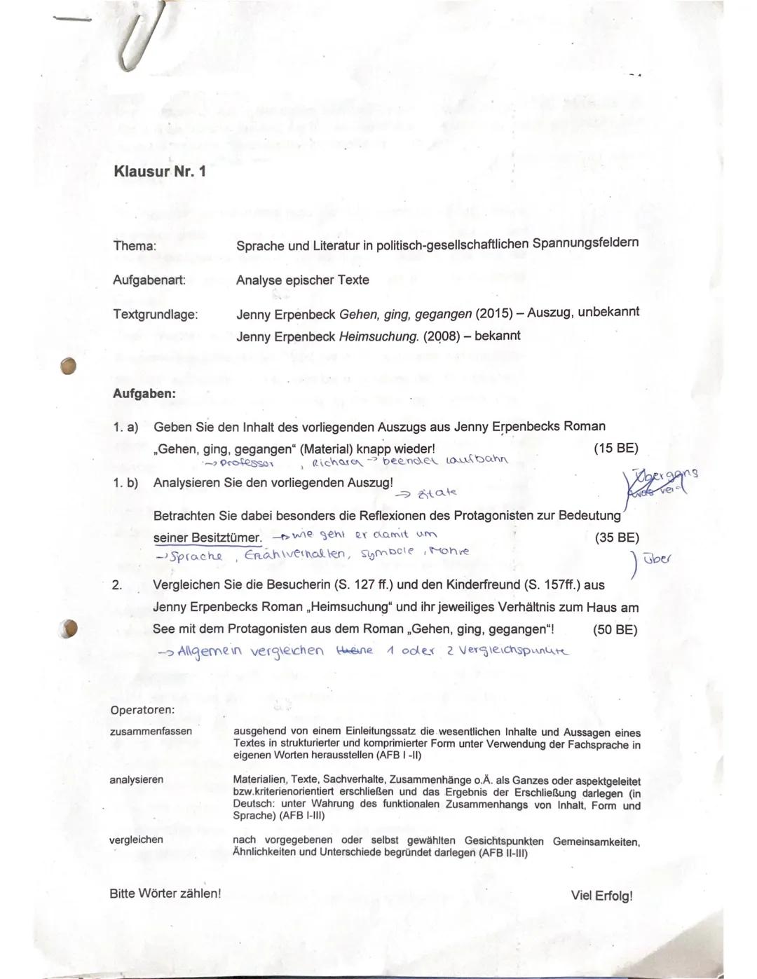 Klausur Nr. 1
Thema:
Sprache und Literatur in politisch-gesellschaftlichen Spannungsfeldern
Aufgabenart:
Analyse epischer Texte
Textgrund