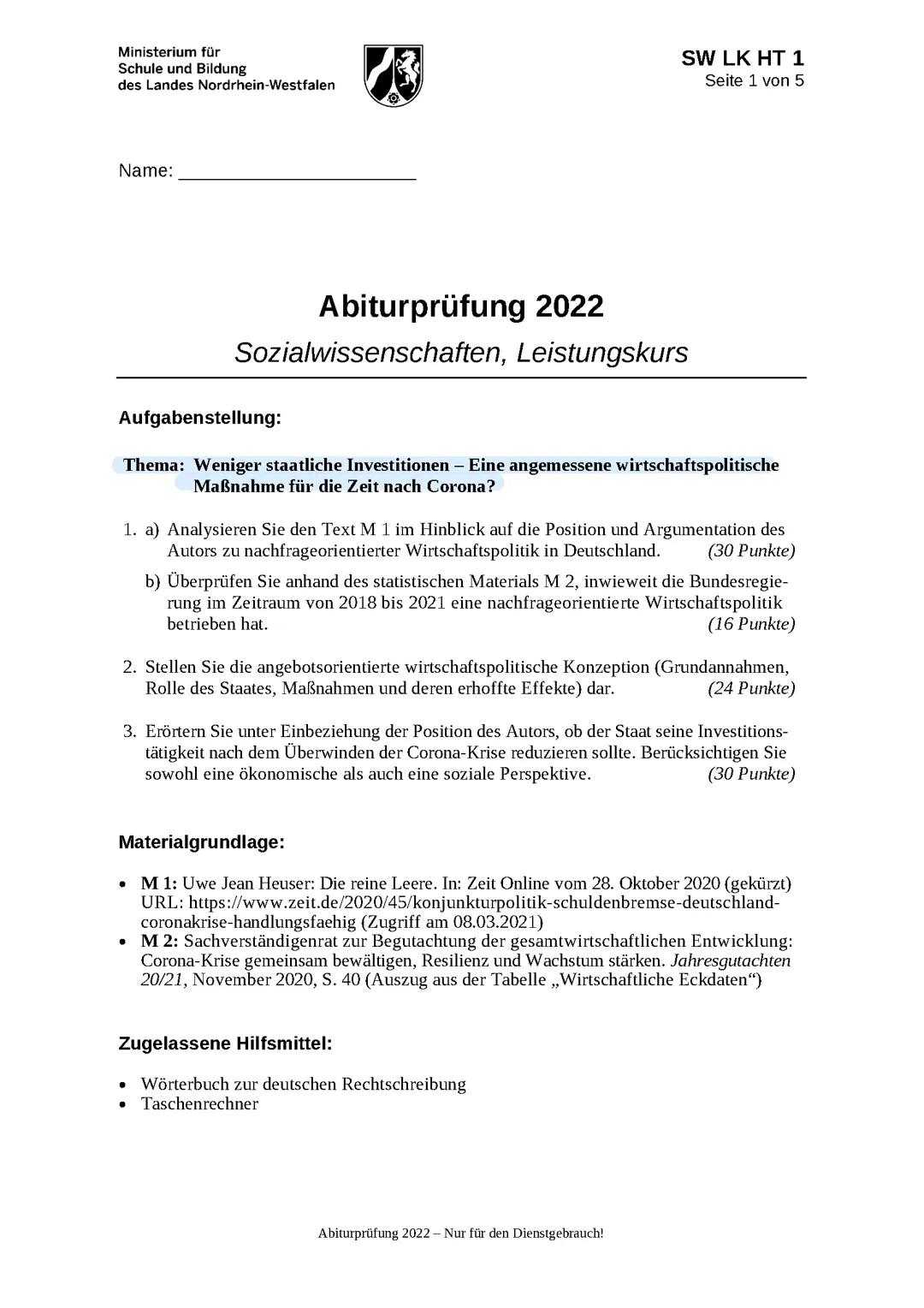 Alte Abiturklausur Sowi LK 2022