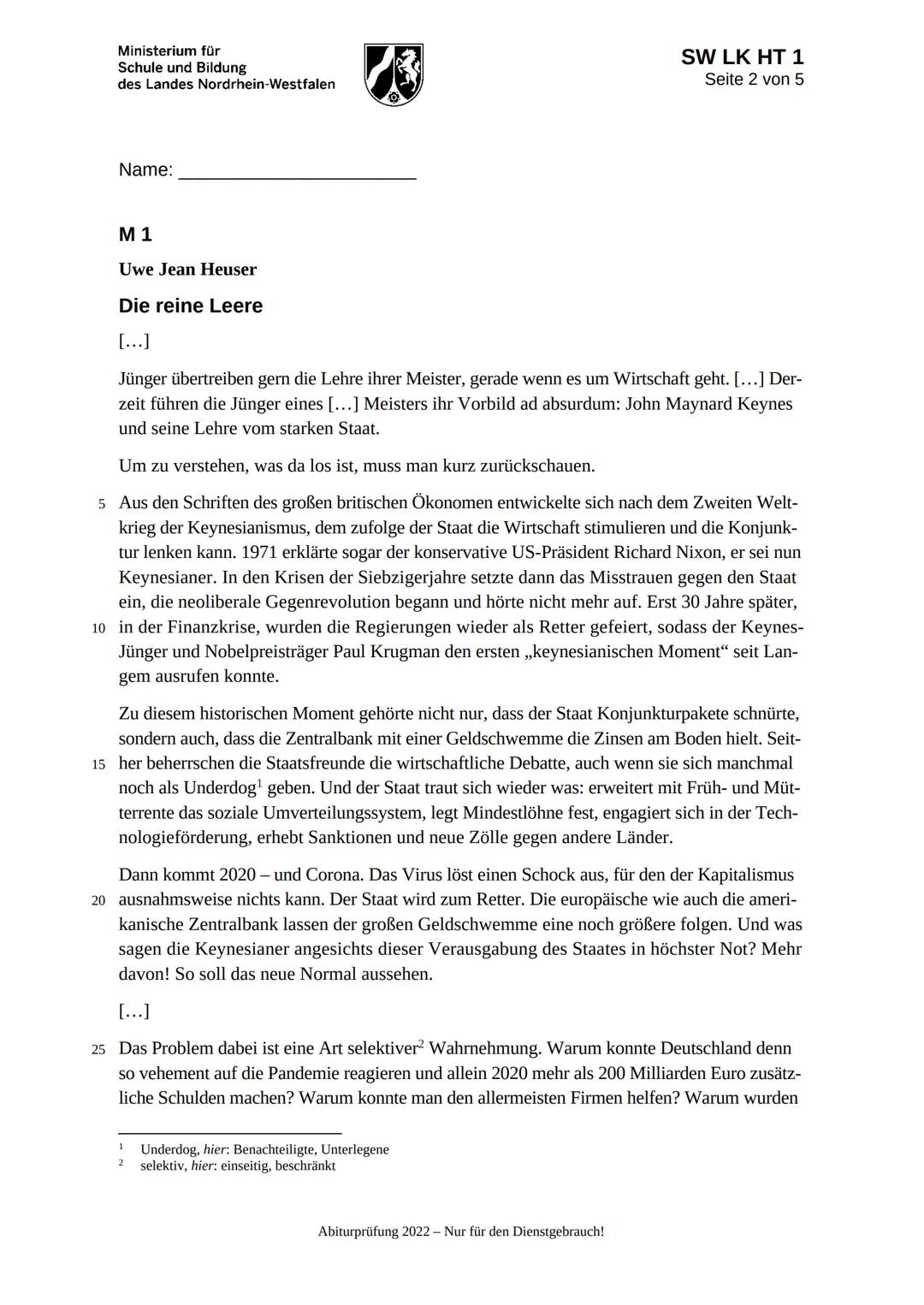 Ministerium für
Schule und Bildung
des Landes Nordrhein-Westfalen
SW LK HT 1
Seite 1 von 5
Name:
Abiturprüfung 2022
Sozialwissenschaften, Le