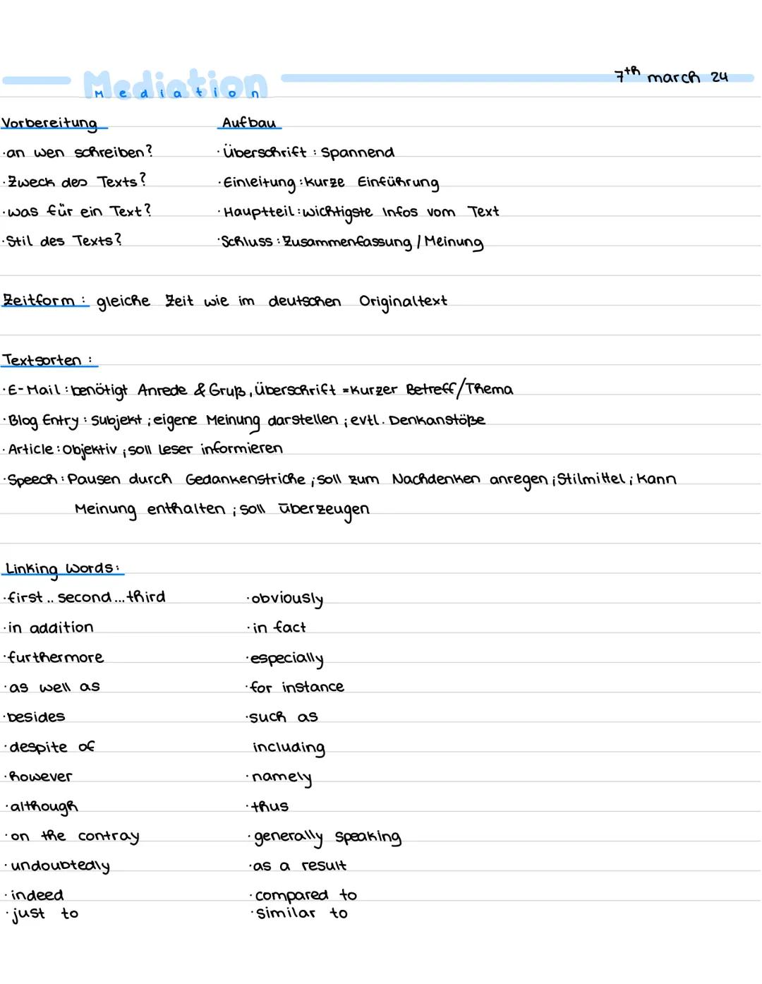 Mediation
Vorbereitung
Aufbau
·an wen schreiben?
·Zweck des Texts?
·was für ein Text?
Stil des Texts?
·überschrift: Spannend.
Einleitung kur