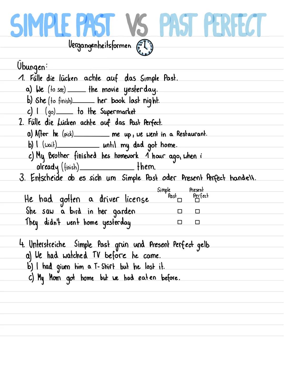 SIMPLE PAST VS PAST PERFECT
Simple Past
Vergangenheitsformen
abgeschlossene Handlungen oder Zustände beschreiben
aus 2. Form des Verbes + an
