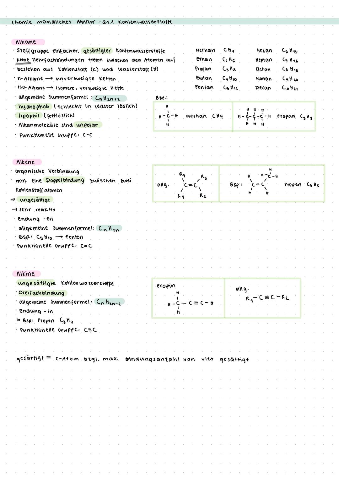 Chemie mündliches Abitur - Q1.1 Kohlenwasserstoffe
Alkane
• Stoffgruppe einfacher, gesättigter Kohlenwasserstoffe
· keine Mehrfachbindungen