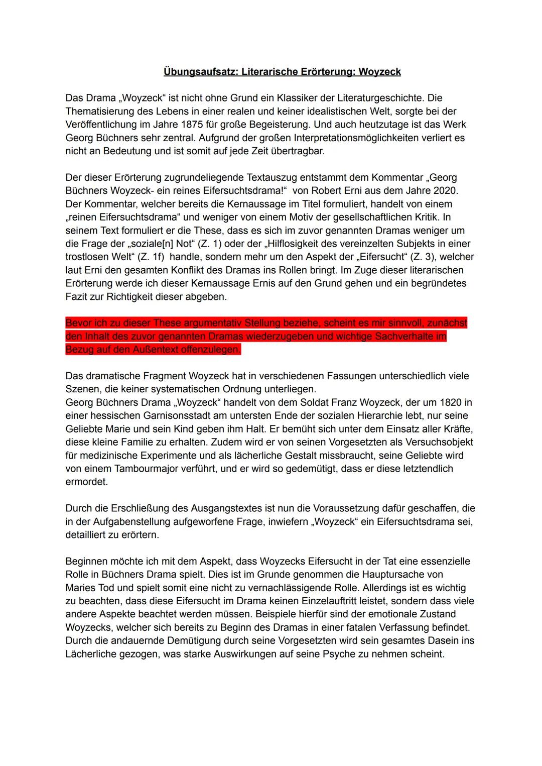 # Übungsaufsatz: Literarische Erörterung: Woyzeck
Das Drama „Woyzeck" ist nicht ohne Grund ein Klassiker der Literaturgeschichte. Die
Thema