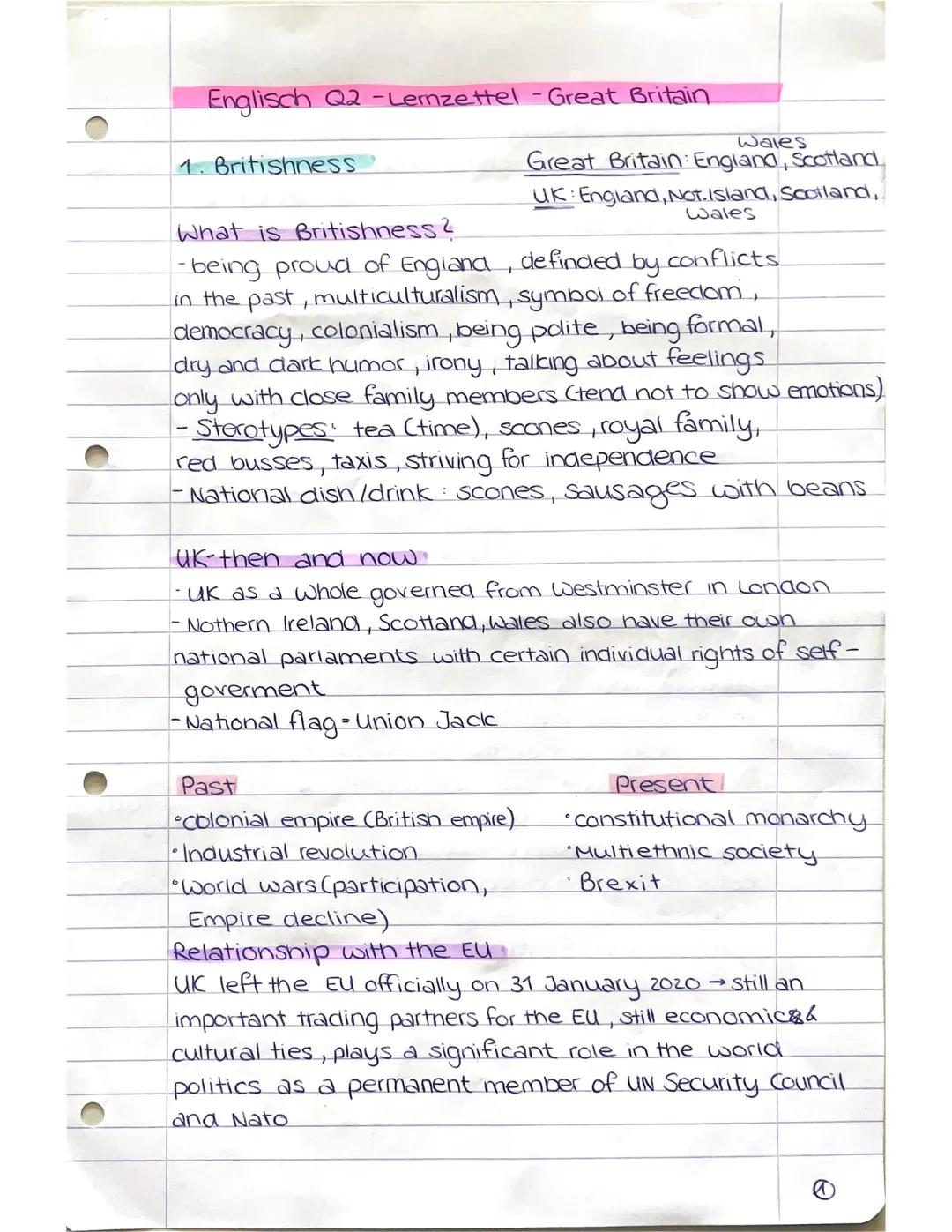Englisch Q2-Lernzettel - Great Britain
1. Britishness'
What is Britishness?
Wales
Great Britain: England, Scotland.
UK England, Not. Island,