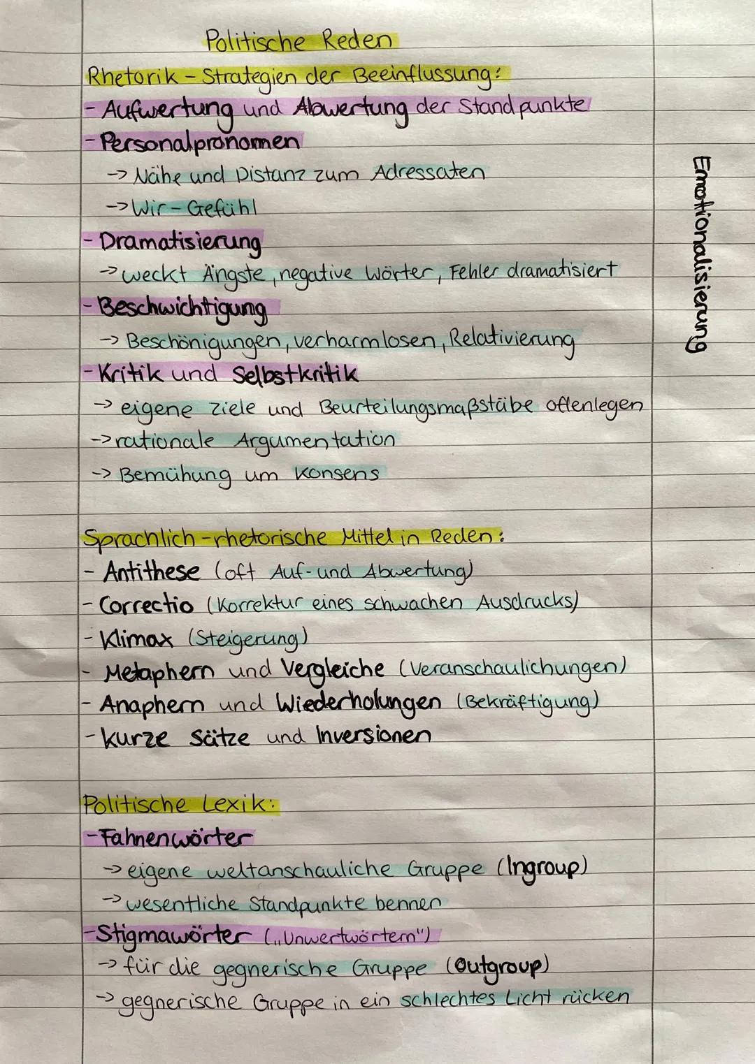 Emotionalisierung
Politische Reden
Rhetorik-Strategien der Beeinflussung
- Aufwertung und Albwertung der Standpunkte
-Personal pronomen
-Näh