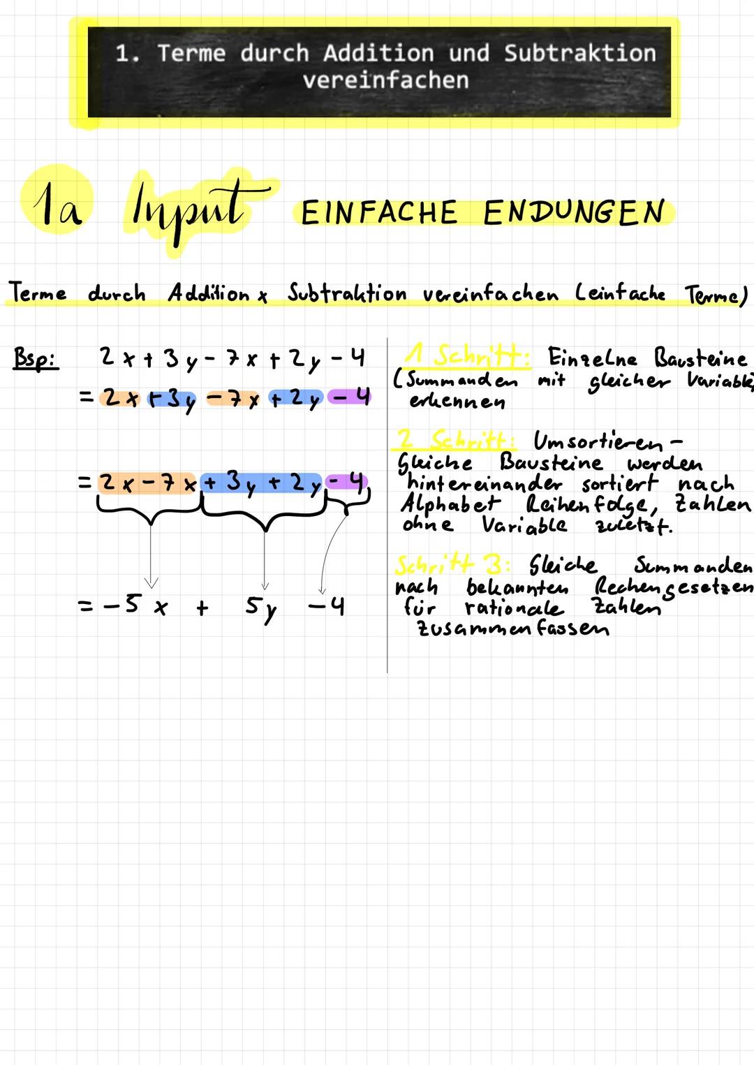 1. Terme durch Addition und Subtraktion
vereinfachen
1a Input
EINFACHE ENDUNGEN
Terme durch Addition & Subtraktion vereinfachen Leinfache Te