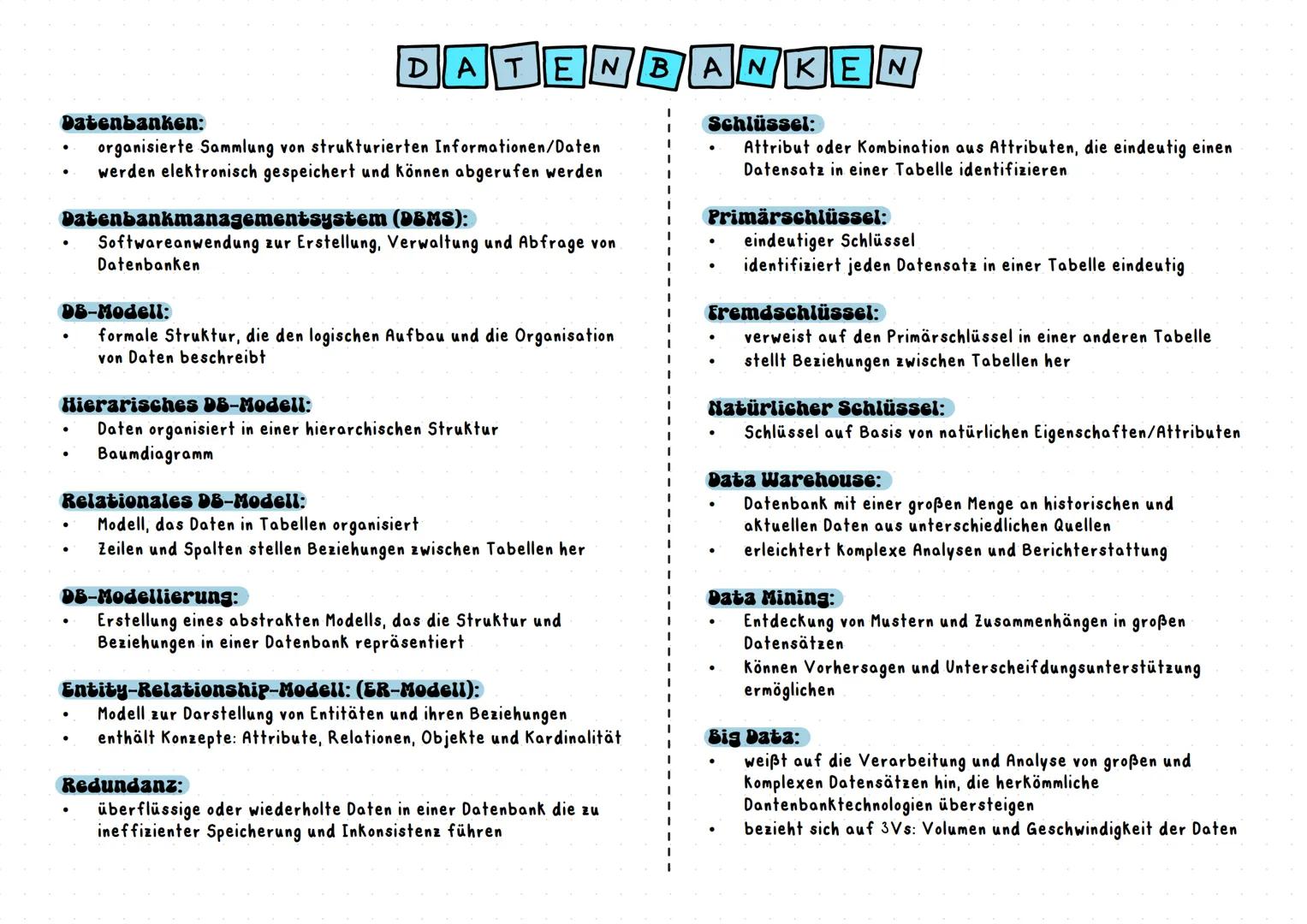 # Datenbanken:
DATENBANKEN
- organisierte Sammlung von strukturierten Informationen/Daten
- werden elektronisch gespeichert und können abger