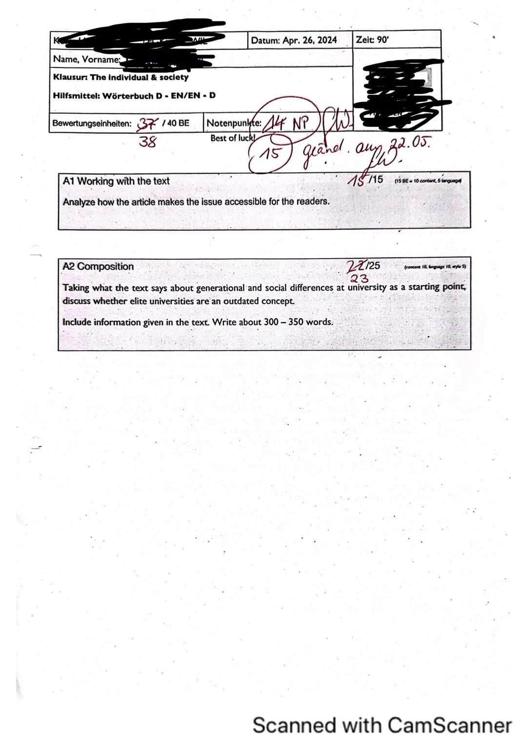 The individual & society, Klausur Englisch LK