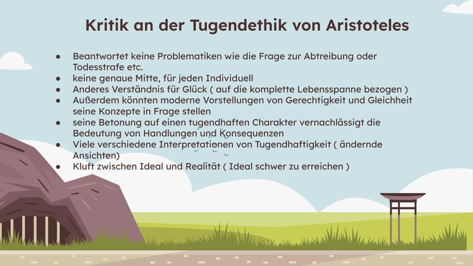 # Aristoteles:
Tugendethik Gliederung
01
Definition
Was bedeutet Tugend?
02
Aristoteles'
Tugendethik
Tugend als Mitte
04
Kritik
05
Quelle